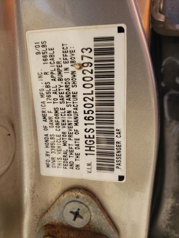 Photo 10 from auction – 2002 HONDA CIVIC LX with VIN 1HGES16502L002973