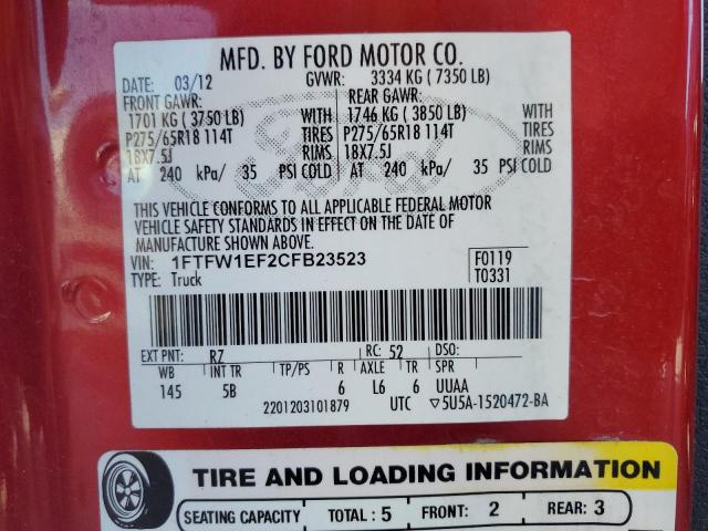 Photo 10 from auction – 2012 FORD F150 SUPER with VIN 1FTFW1EF2CFB23523