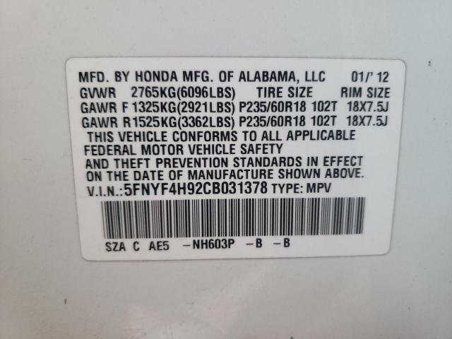 Photo 10 from auction – 2012 HONDA PILOT TOUR with VIN 5FNYF4H92CB031378