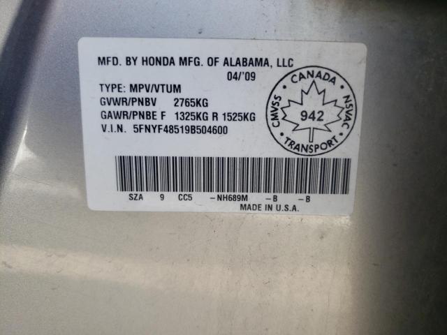 Photo 10 from auction – 2009 HONDA PILOT EXL with VIN 5FNYF48519B504600