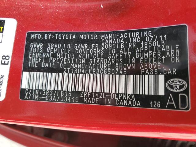 Photo 10 from auction – 2011 TOYOTA COROLLA BA with VIN 2T1BU4EE8BC650745