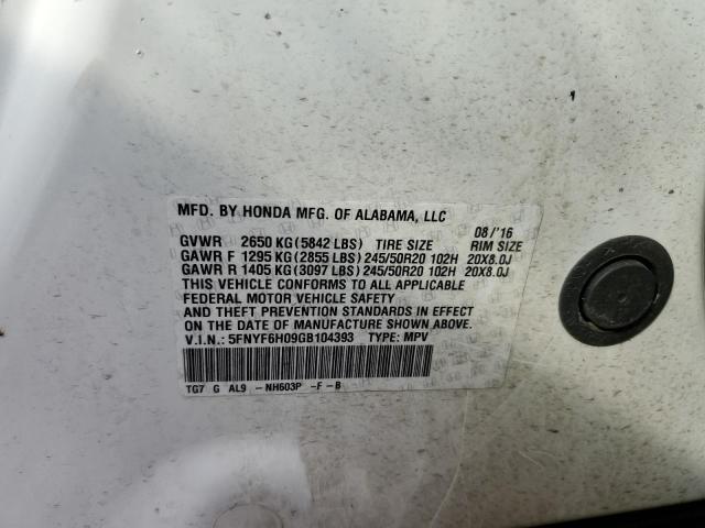 Photo 10 from auction – 2016 HONDA PILOT ELIT with VIN 5FNYF6H09GB104393