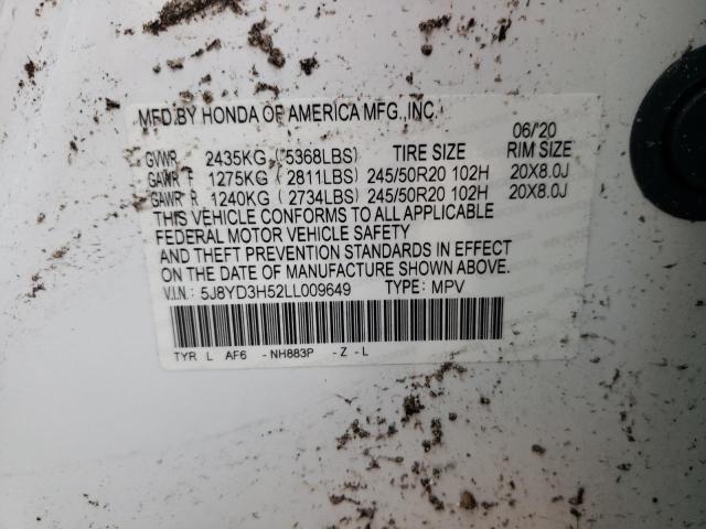 Photo 10 from auction – 2020 ACURA MDX TECHNO with VIN 5J8YD3H52LL009649