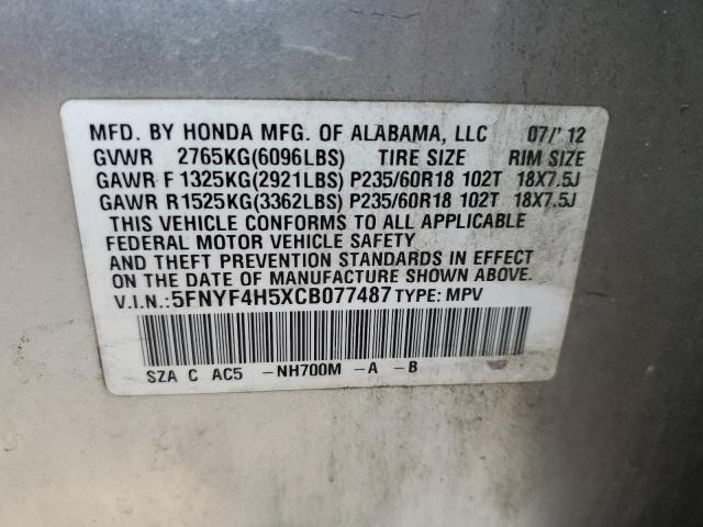 Foto 10 de la subasta – 2012 HONDA PILOT EXL con VIN 5FNYF4H5XCB077487