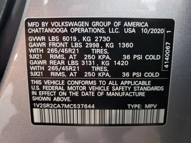 Photo 10 from auction – 2021 VOLKSWAGEN ATLAS SEL with VIN 1V2SR2CA7MC537644