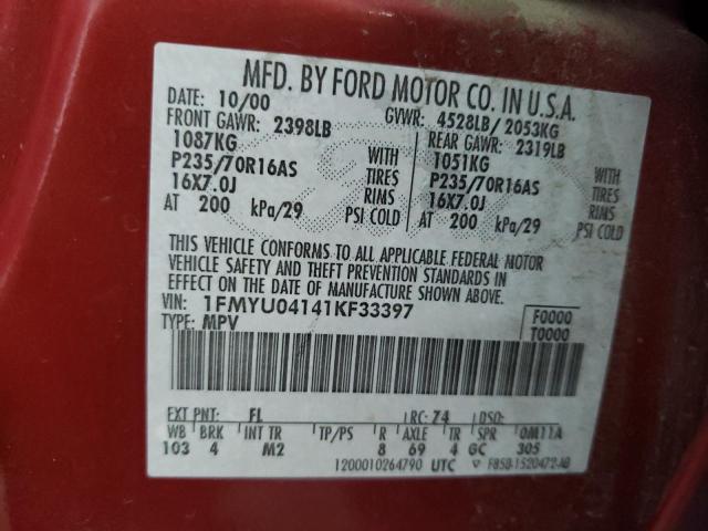 Photo 10 from auction – 2001 FORD ESCAPE XLT with VIN 1FMYU04141KF33397
