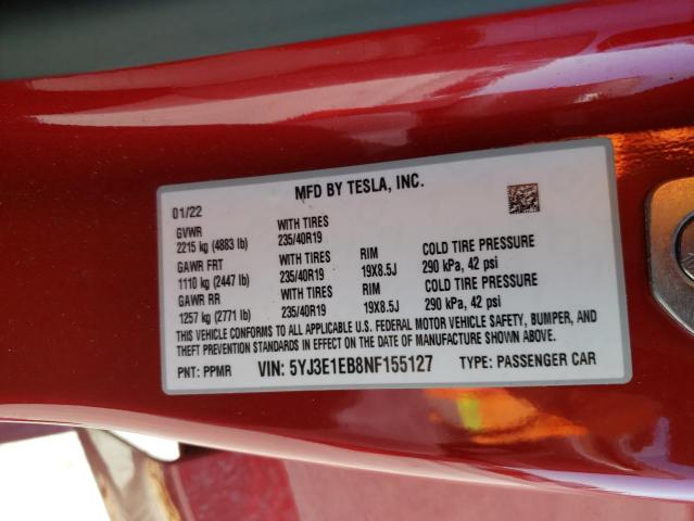 Photo 10 from auction – 2022 TESLA MODEL 3 with VIN 5YJ3E1EB8NF155127