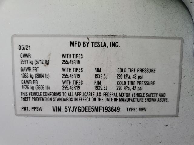 Photo 10 from auction – 2021 TESLA MODEL Y with VIN 5YJYGDEE5MF193649