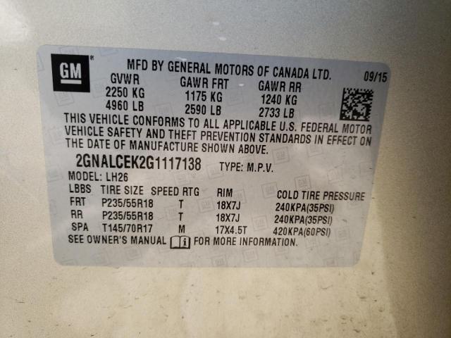 Photo 10 from auction – 2016 CHEVROLET EQUINOX LT with VIN 2GNALCEK2G1117138