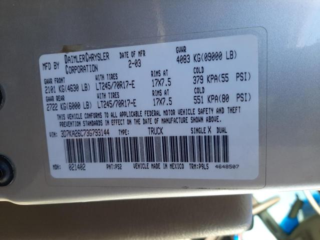 Photo 10 from auction – 2003 DODGE RAM 2500 S with VIN 3D7KA26C73G793144
