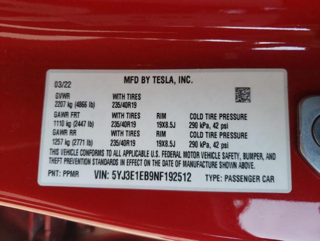 Photo 10 from auction – 2022 TESLA MODEL 3 with VIN 5YJ3E1EB9NF192512