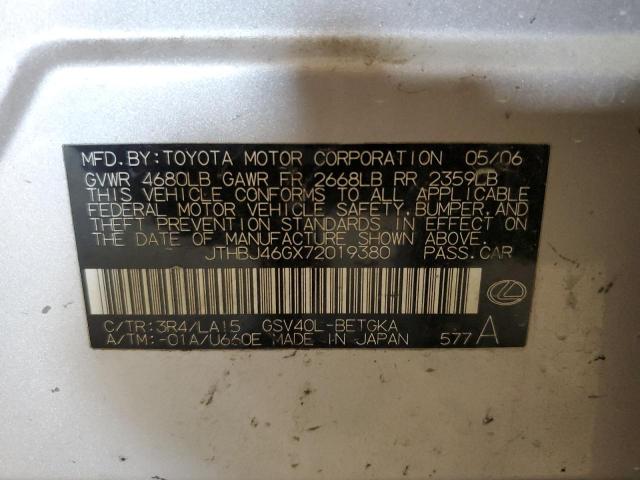 Photo 10 from auction – 2007 LEXUS ES 350 with VIN JTHBJ46GX72019380