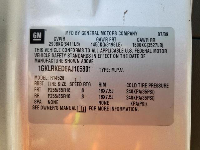 Photo 10 from auction – 2010 GMC ACADIA SL with VIN 1GKLRKED6AJ105801