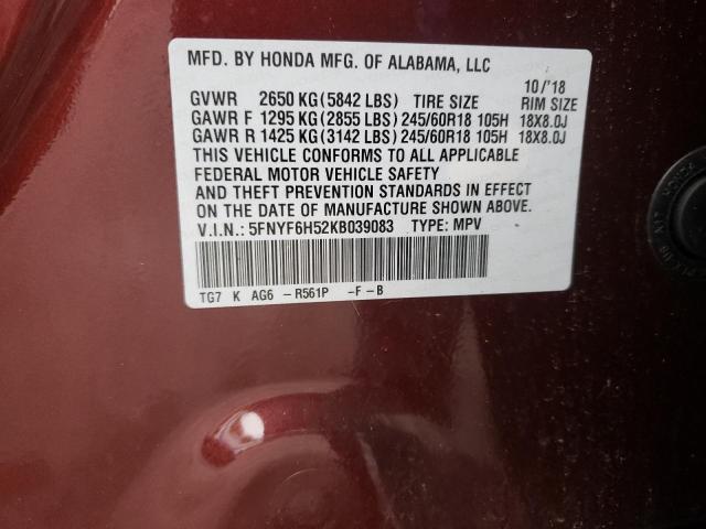 Photo 10 from auction – 2019 HONDA PILOT EXL with VIN 5FNYF6H52KB039083