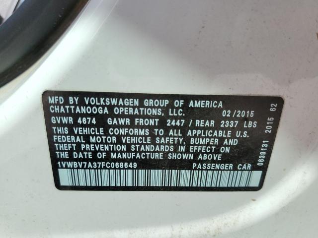 Photo 10 from auction – 2015 VOLKSWAGEN PASSAT SE with VIN 1VWBV7A37FC068649