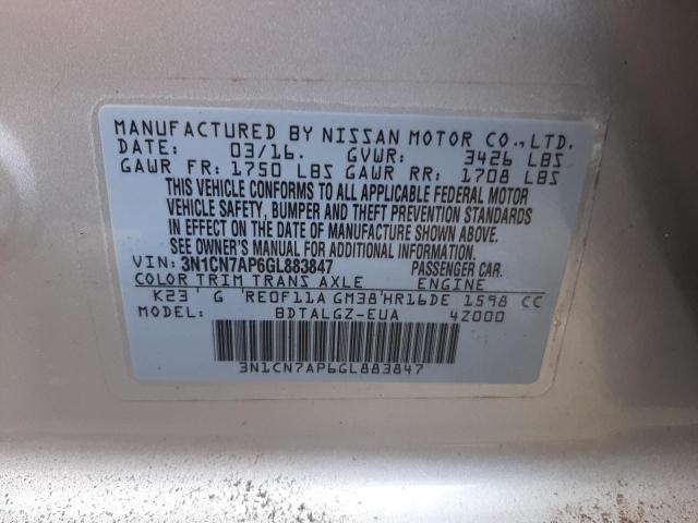 Photo 10 from auction – 2016 NISSAN VERSA S with VIN 3N1CN7AP6GL883847