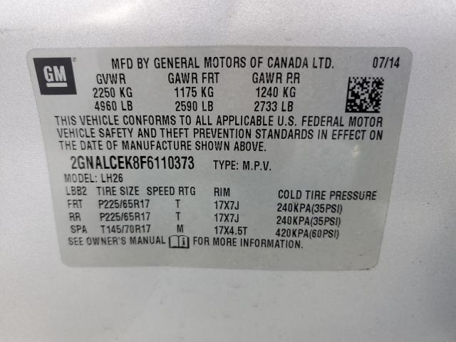 Photo 10 from auction – 2015 CHEVROLET EQUINOX LT with VIN 2GNALCEK8F6110373