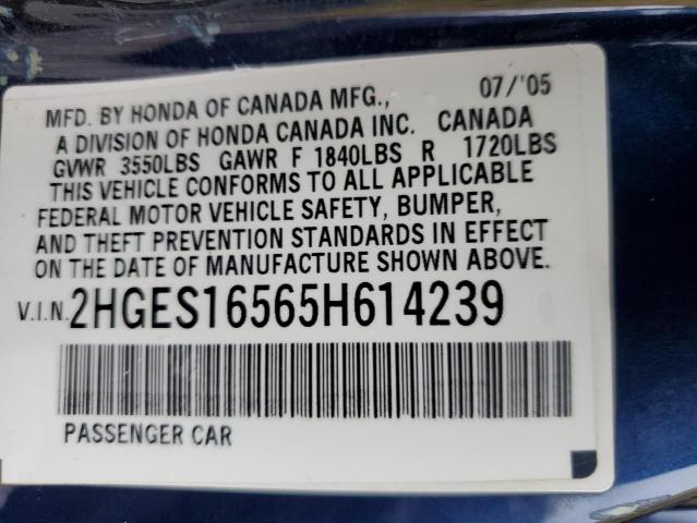 Photo 10 from auction – 2005 HONDA CIVIC LX with VIN 2HGES16565H614239