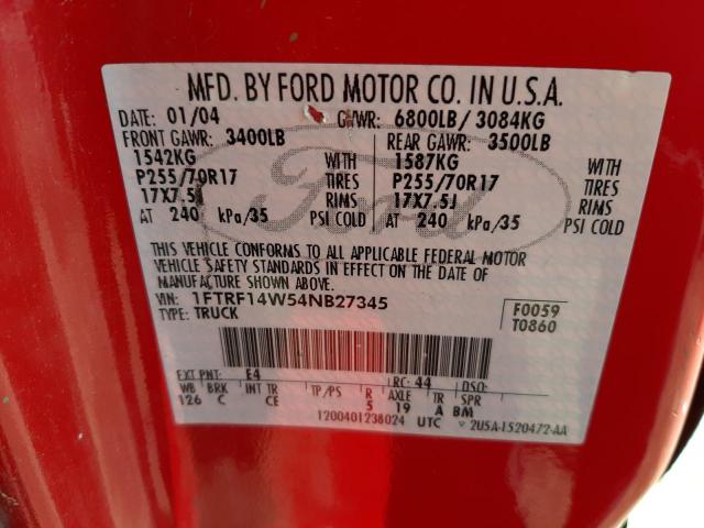 Photo 10 from auction – 2004 FORD F150 with VIN 1FTRF14W54NB27345