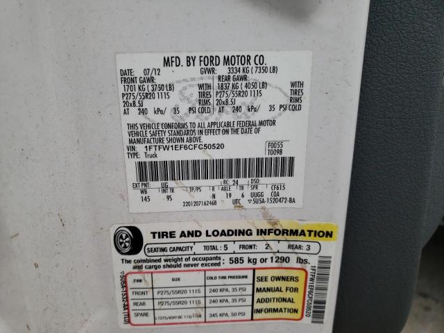 Photo 10 from auction – 2012 FORD F150 SUPER with VIN 1FTFW1EF6CFC50520