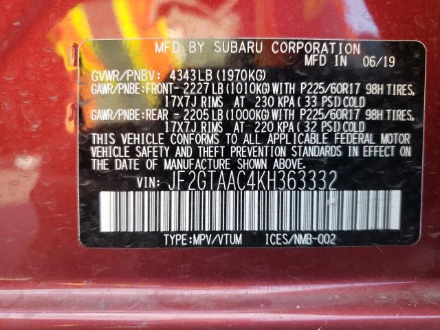 Photo 10 from auction – 2019 SUBARU CROSSTREK with VIN JF2GTAAC4KH363332