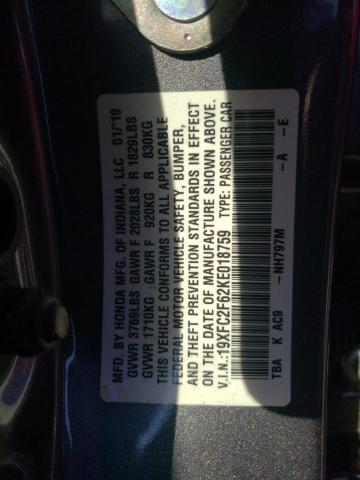 Photo 10 from auction – 2019 HONDA CIVIC LX with VIN 19XFC2F62KE018759