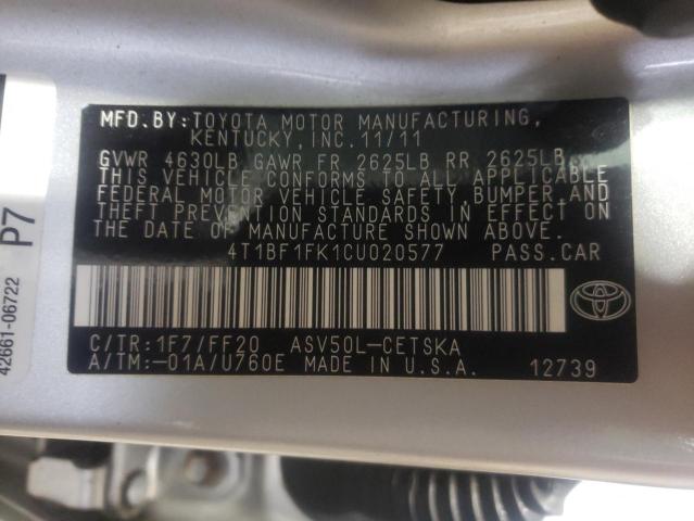 Photo 10 from auction – 2012 TOYOTA CAMRY BASE with VIN 4T1BF1FK1CU020577