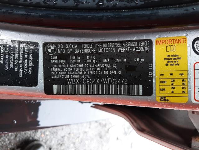 Photo 10 from auction – 2007 BMW X3 3.0SI with VIN WBXPC934X7WF02472