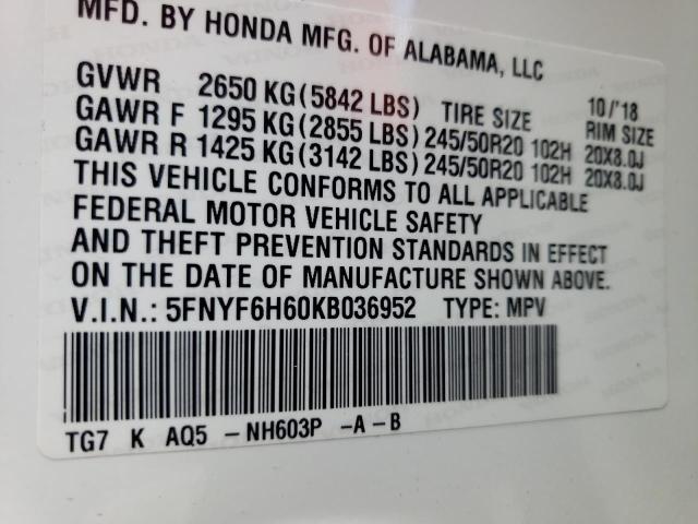 Photo 10 from auction – 2019 HONDA PILOT TOUR with VIN 5FNYF6H60KB036952