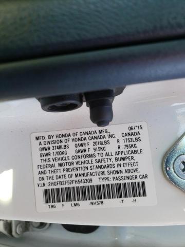 Photo 10 from auction – 2015 HONDA CIVIC LX with VIN 2HGFB2F52FH543309