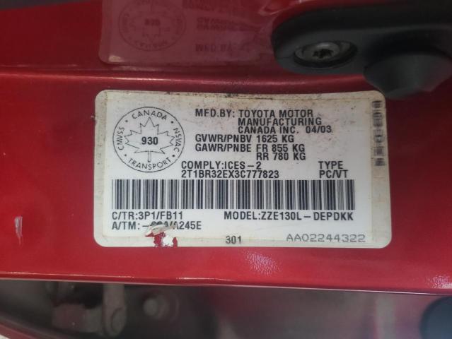 Photo 10 from auction – 2003 TOYOTA COROLLA CE with VIN 2T1BR32EX3C777823