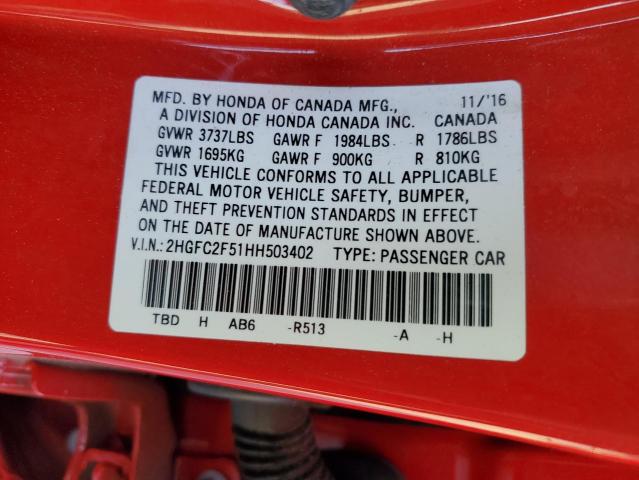 Photo 10 from auction – 2017 HONDA CIVIC LX with VIN 2HGFC2F51HH503402