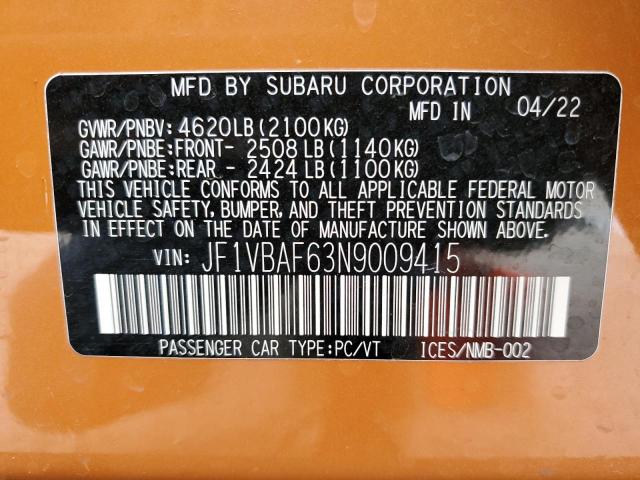 Photo 10 from auction – 2022 SUBARU WRX PREMIU with VIN JF1VBAF63N9009415