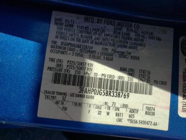 Photo 10 from auction – 2011 FORD FUSION SEL with VIN 3FAHP0JG5BR338769