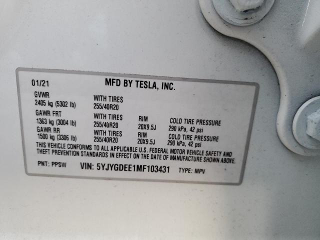 Photo 10 from auction – 2021 TESLA MODEL Y with VIN 5YJYGDEE1MF103431