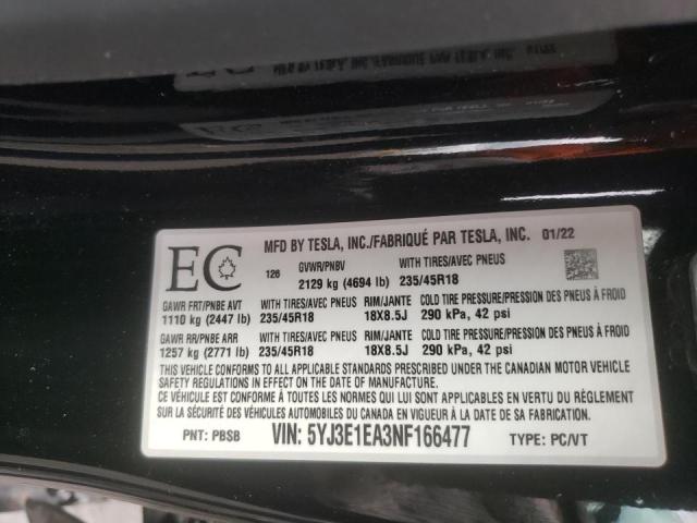 Photo 10 from auction – 2022 TESLA MODEL 3 with VIN 5YJ3E1EA3NF166477