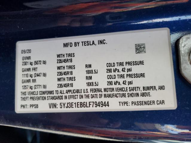 Photo 10 from auction – 2020 TESLA MODEL 3 with VIN 5YJ3E1EB6LF794944