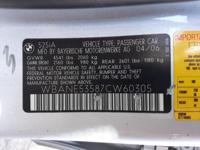 Photo 10 from auction – 2007 BMW 525 I with VIN WBANE53587CW60305