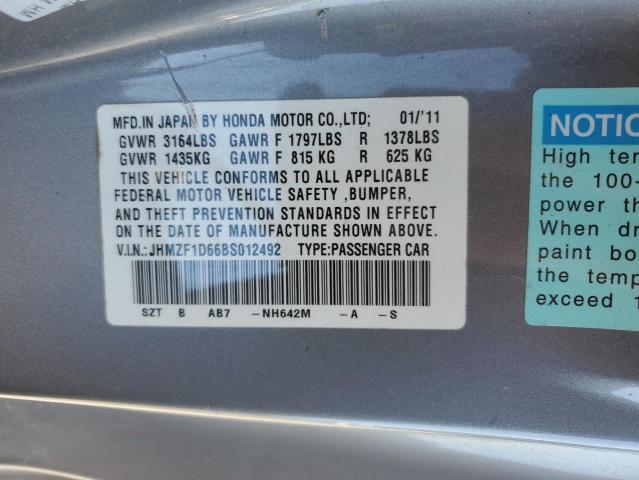 Photo 10 from auction – 2011 HONDA CR-Z EX with VIN JHMZF1D66BS012492