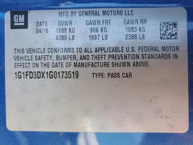 Photo 10 from auction – 2016 CHEVROLET CAMARO LT with VIN 1G1FD3DX1G0173519