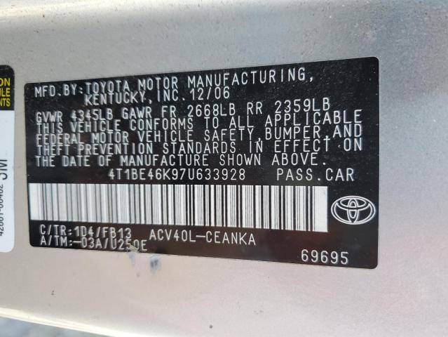 Photo 10 from auction – 2007 TOYOTA CAMRY with VIN 4T1BE46K97U633928