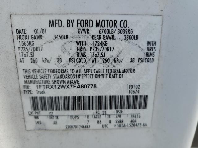 Photo 10 from auction – 2007 FORD F150 with VIN 1FTRX12WX7FA80778