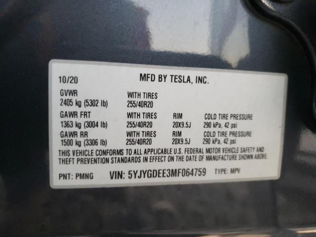 Photo 10 from auction – 2021 TESLA MODEL Y with VIN 5YJYGDEE3MF064759