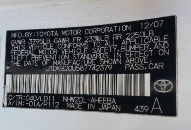 Photo 10 from auction – 2008 TOYOTA PRIUS with VIN JTDKB20U587742379