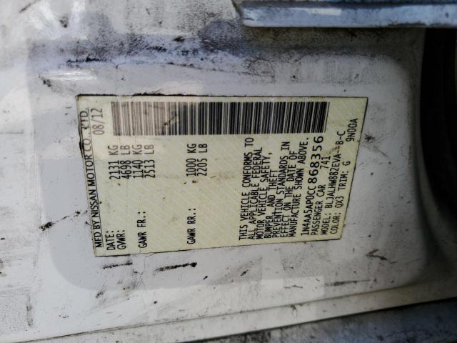 Photo 10 from auction – 2012 NISSAN MAXIMA S with VIN 1N4AA5AP0CC868356