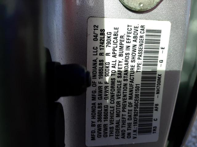 Photo 10 from auction – 2012 HONDA CIVIC LX with VIN 19XFB2F58CE061501