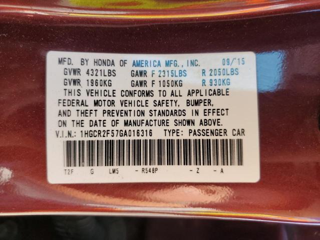 Photo 10 from auction – 2016 HONDA ACCORD SPO with VIN 1HGCR2F57GA016316