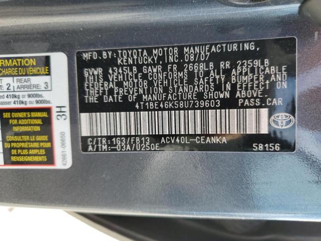 Photo 10 from auction – 2008 TOYOTA CAMRY CE with VIN 4T1BE46K58U739603