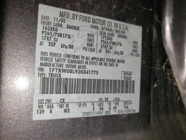 Photo 10 from auction – 2003 FORD F150 SUPER with VIN 1FTRW08L93KB41775