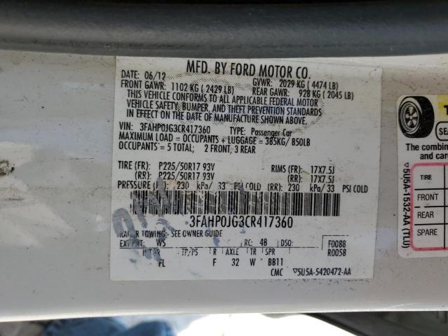 Photo 10 from auction – 2012 FORD FUSION SEL with VIN 3FAHP0JG3CR417360